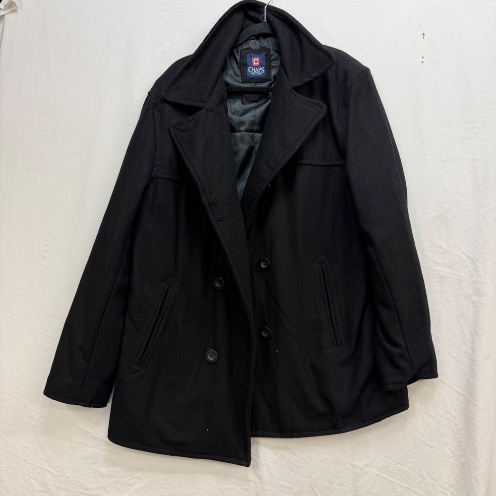 Chaps Mens Black Wool Blend Double Breasted Pea Coat Jacket Large L